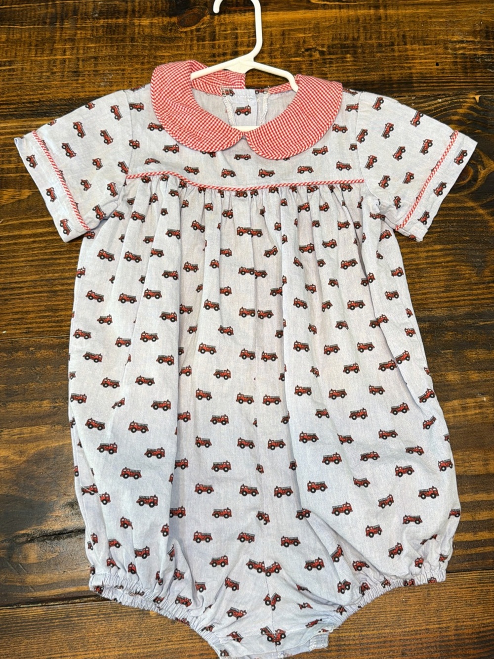 Classic Red Tractor Print Baby One-Piece with Peter Pan Collar
